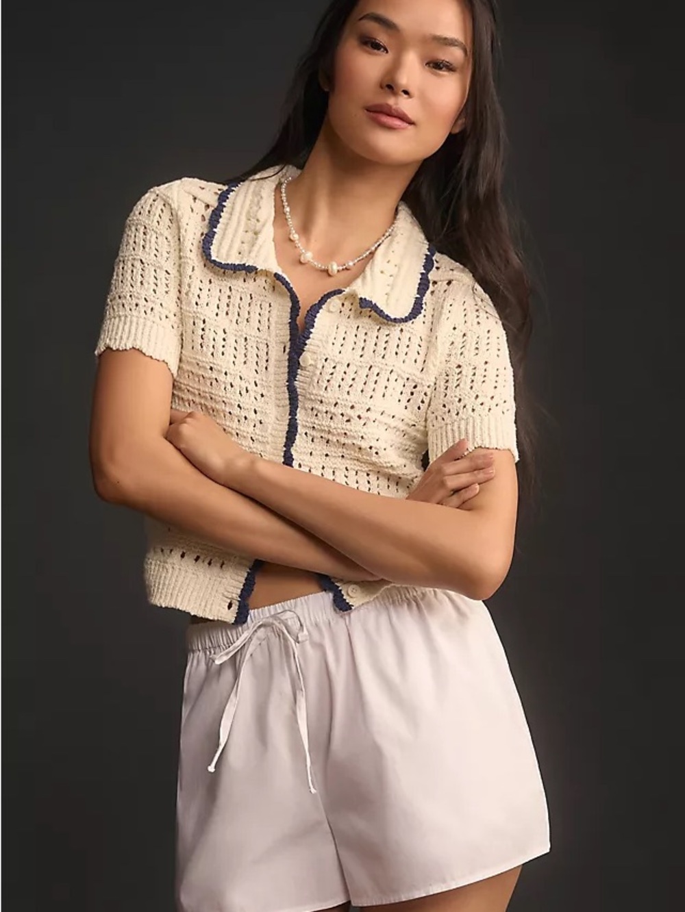 Maeve Short Sleeve Open Stitch Polo Cardigan Sweater